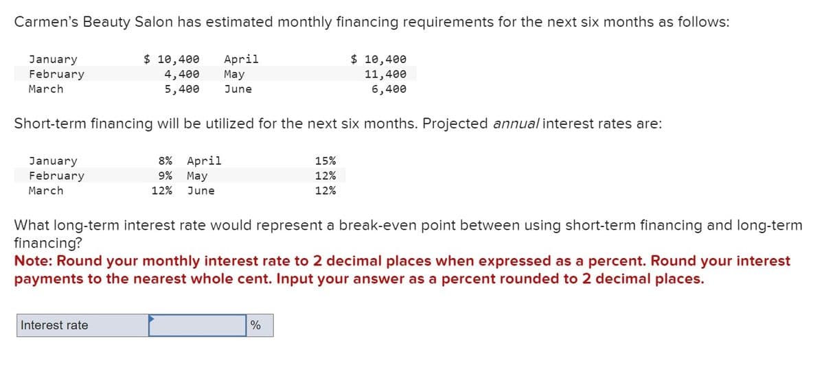 Carmen's Beauty Salon has estimated monthly financing requirements for the next six months as follows:
January
February
March
$ 10,400
4,400
April
May
5,400
June
$ 10,400
11,400
6,400
Short-term financing will be utilized for the next six months. Projected annual interest rates are:
January
February
March
8% April
9%
12%
May
June
15%
12%
12%
What long-term interest rate would represent a break-even point between using short-term financing and long-term
financing?
Note: Round your monthly interest rate to 2 decimal places when expressed as a percent. Round your interest
payments to the nearest whole cent. Input your answer as a percent rounded to 2 decimal places.
Interest rate
%
