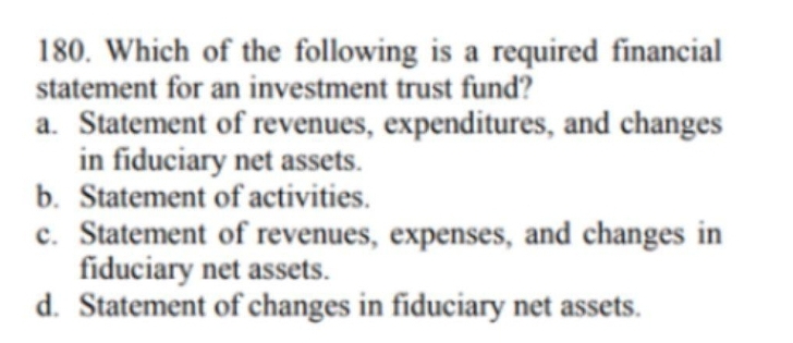 180. Which of the following is a required financial
statement for an investment trust fund?
a. Statement of revenues, expenditures, and changes
in fiduciary net assets.
b. Statement of activities.
c. Statement of revenues, expenses, and changes in
fiduciary net assets.
d. Statement of changes in fiduciary net assets.
