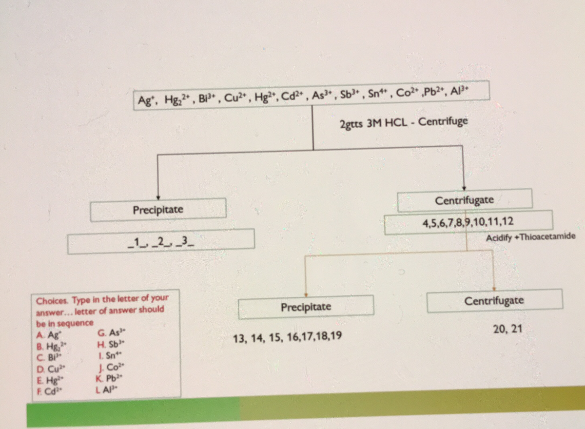 Ag, Hg,2, Bi, Cu2, Hg, Cd2, As, Sb, Sn, Co,Pb2, Al
2gtts 3M HCL-
Centrifuge
Precipitate
Centrifugate
4,5,6,7,8,9,10,11,12
-1 23_
Acidify +Thioacetamide
Choices. Type in the letter of your
answer... letter of answer should
be in sequence
A. Ag
B. Hg,"
C. BP
D. Cu
E. Hg
F. Cd
Precipitate
Centrifugate
G. As
H. Sb
20, 21
13, 14, 15, 16,17,18,19
I. Sn*
J Co
K. Pb
LAP
