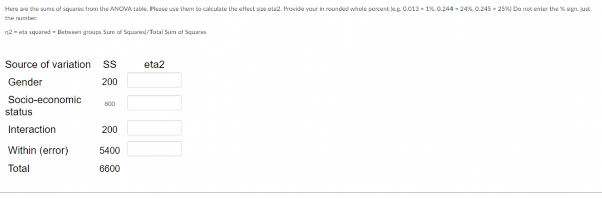 Here are the sums of squares from the ANOVA table. Please use them to calculate the effect size eta2. Provide your in rounded whole percent (e.g. 0.013 = 1%, 0.244 = 24%, 0.245 = 25% ) Do not enter the % sign, just
the number.
n2 = eta squared Between groups Sum of Squares)/Total Sum of Squares
Source of variation SS
Gender
200
Socio-economic
status
Interaction
Within (error)
Total
800
200
5400
6600
eta2