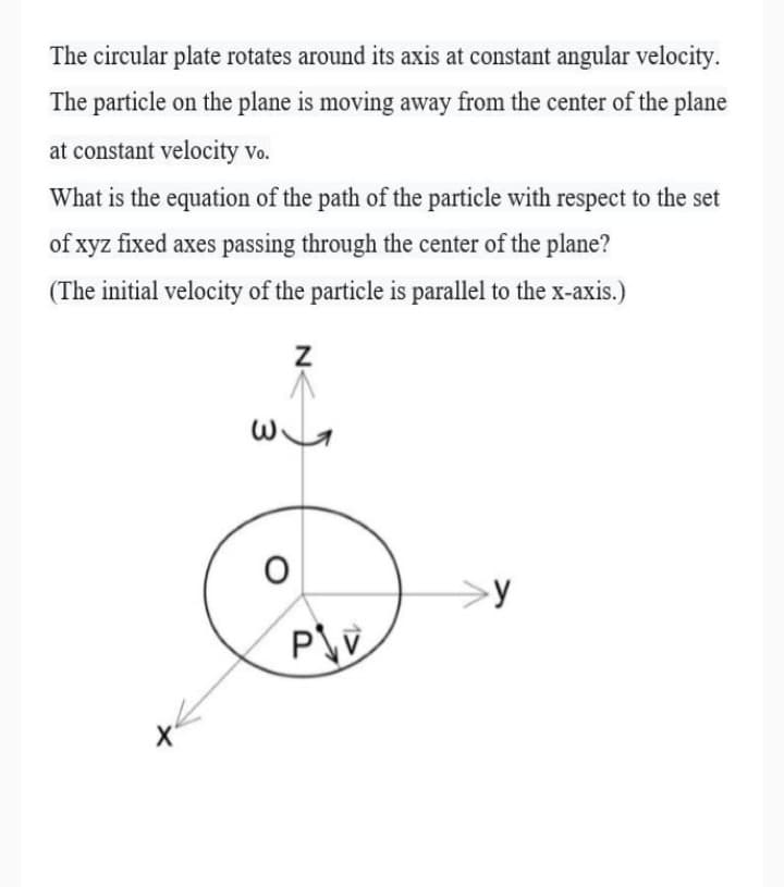 The circular plate rotates around its axis at constant angular velocity.
The particle on the plane is moving away from the center of the plane
at constant velocity Vo.
What is the equation of the path of the particle with respect to the set
of xyz fixed axes passing through the center of the plane?
(The initial velocity of the particle is parallel to the x-axis.)
y
P\V
3
