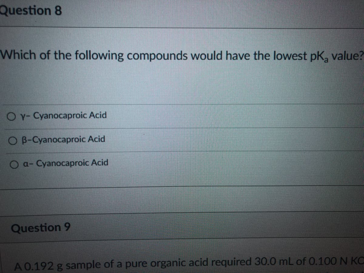 Question 8
Which of the following compounds would have the lowest pK, value?
OY-Cyanocaproic Acid
O B-Cyanocaproic Acid
O a- Cyanocaproic Acid
Question 9
A 0.192 g sample of a pure organic acid required 30.0 mL of 0.100 N KC
