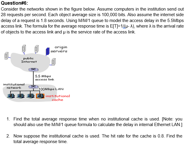 Question#6:
Consider the networks shown in the figure below. Assume computers in the institution send out
28 requests per second. Each object average size is 100,000 bits. Also assume the internet side
delay of a request is 1.8 seconds. Using M/M/1 queue to model the access delay in the 5.5Mbps
access link. The formula for the average response time is E[T]=1u- A), where A is the arrival rate
of objects to the access link and u is the service rate of the access link.
origin
|servers
public
Internet
5.5 Mbps
access link
institutional
network
100Mbps LAN
D D institutional
cache
1. Find the total average response time when no institutional cache is used. [Note: you
should also use the M/M/1 queue formula to calculate the delay in internal Ethernet LAN.]
2. Now suppose the institutional cache is used. The hit rate for the cache is 0.8. Find the
total average response time.
