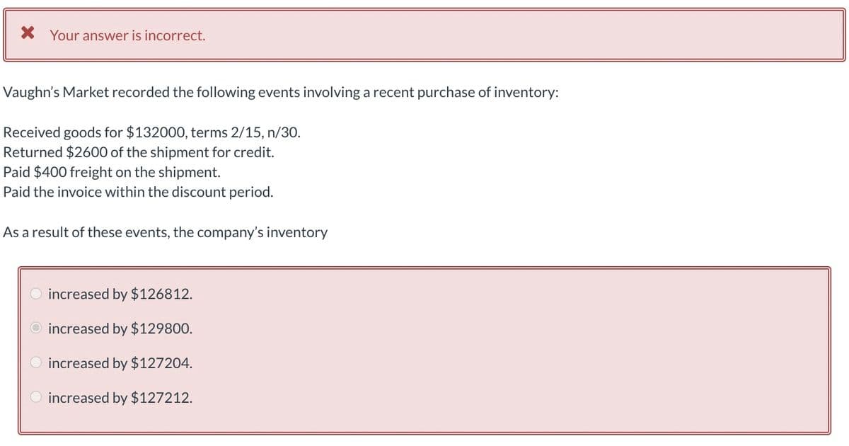 * Your answer is incorrect.
Vaughn's Market recorded the following events involving a recent purchase of inventory:
Received goods for $132000, terms 2/15, n/30.
Returned $2600 of the shipment for credit.
Paid $400 freight on the shipment.
Paid the invoice within the discount period.
As a result of these events, the company's inventory
increased by $126812.
O increased by $129800.
increased by $127204.
increased by $127212.