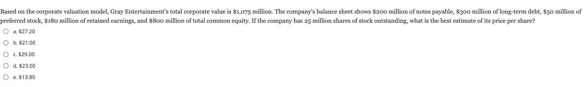 Based on the corporate valuation model, Gray Entertainment's total corporate value is $1,075 million. The company's balance sheet shows $200 million of notes payable, $300 million of long-term debt, $50 million of
preferred stock, $180 million of retained earnings, and $800 million of total common equity. If the company has 25 million shares of stock outstanding, what is the best estimate of its price per share?
Oa. $27.20
O b. $21.00
c. $29.00
d. $23.00
Oe. $13.80