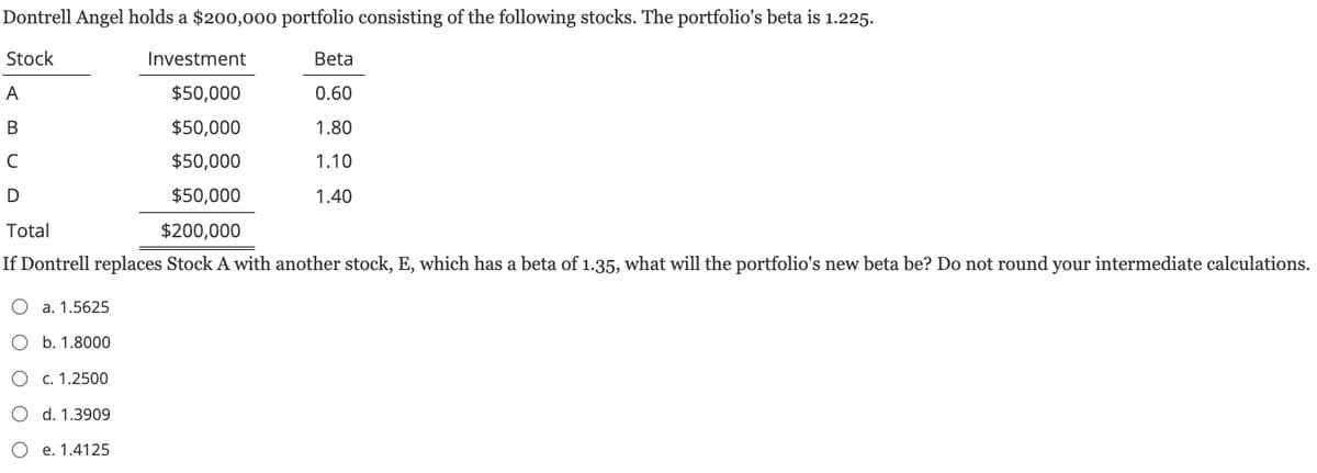 Dontrell Angel holds a $200,000 portfolio consisting of the following stocks. The portfolio's beta is 1.225.
Stock
Investment
A
$50,000
B
$50,000
с
$50,000
D
$50,000
Total
$200,000
If Dontrell replaces Stock A with another stock, E, which has a beta of 1.35, what will the portfolio's new beta be? Do not round your intermediate calculations.
a. 1.5625
b. 1.8000
O c. 1.2500
d. 1.3909
e. 1.4125
Beta
0.60
1.80
1.10
1.40