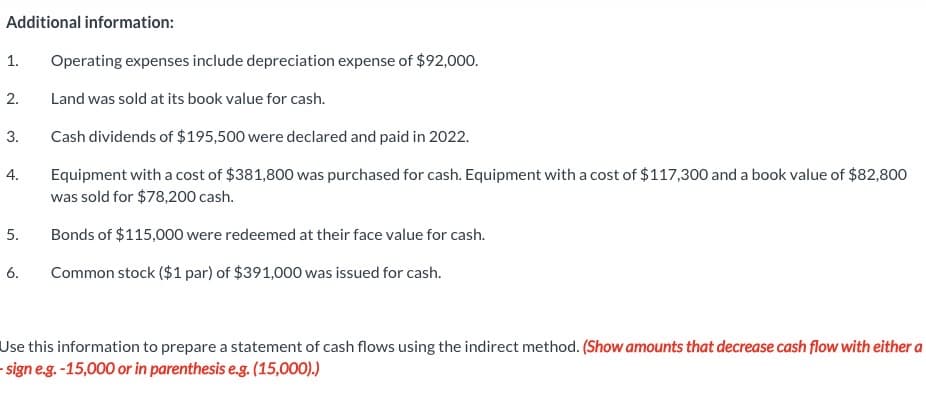 Additional information:
1. Operating expenses include depreciation expense of $92,000.
Land was sold at its book value for cash.
Cash dividends of $195,500 were declared and paid in 2022.
Equipment with a cost of $381,800 was purchased for cash. Equipment with a cost of $117,300 and a book value of $82,800
was sold for $78,200 cash.
Bonds of $115,000 were redeemed at their face value for cash.
Common stock ($1 par) of $391,000 was issued for cash.
2.
3.
4.
5.
6.
Use this information to prepare a statement of cash flows using the indirect method. (Show amounts that decrease cash flow with either a
-sign e.g. -15,000 or in parenthesis e.g. (15,000).)