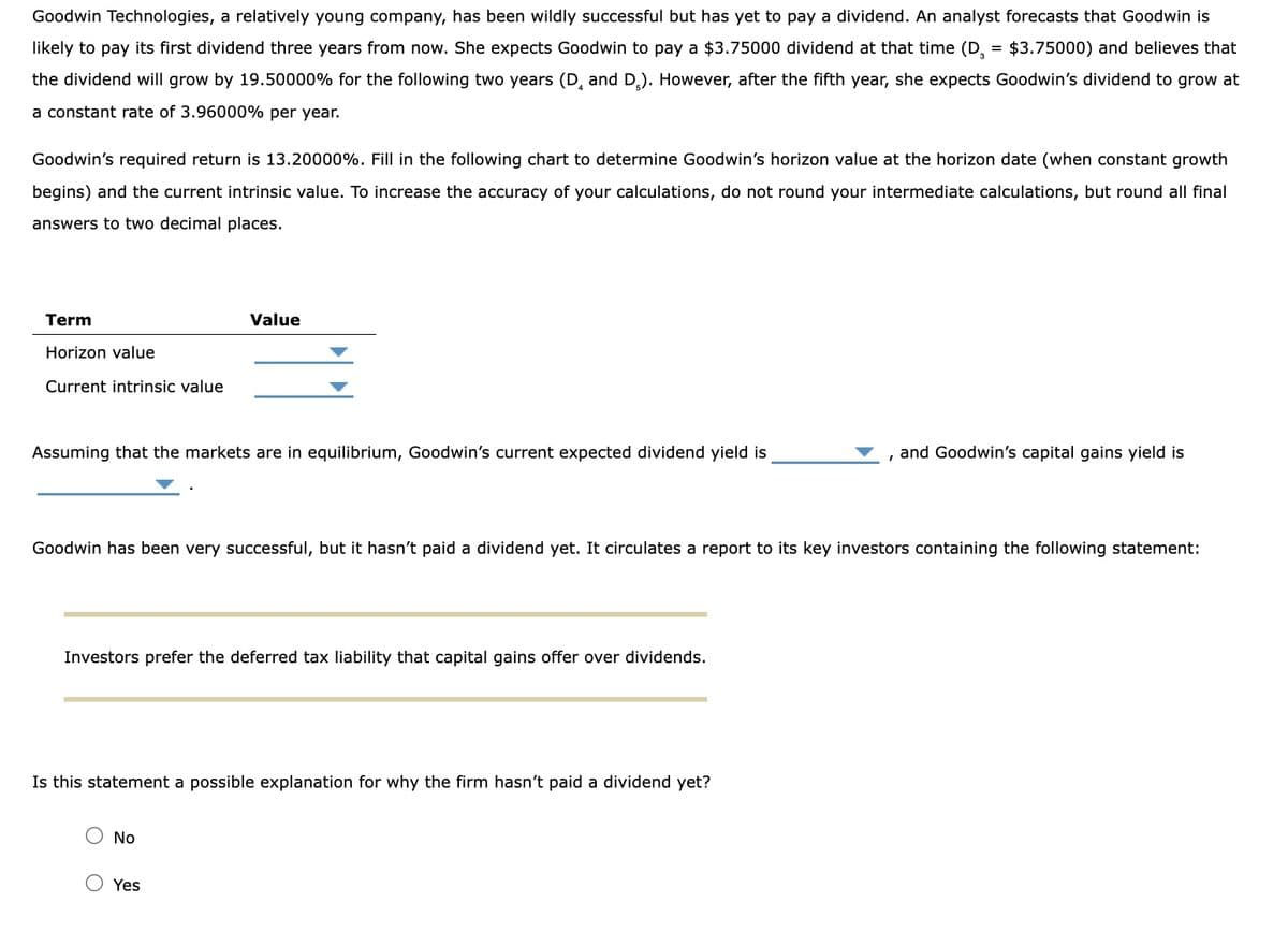 Goodwin Technologies, a relatively young company, has been wildly successful but has yet to pay a dividend. An analyst forecasts that Goodwin is
likely to pay its first dividend three years from now. She expects Goodwin to pay a $3.75000 dividend at that time (D, = $3.75000) and believes that
the dividend will grow by 19.50000% for the following two years (D and D₂). However, after the fifth year, she expects Goodwin's dividend to grow at
a constant rate of 3.96000% per year.
Goodwin's required return is 13.20000%. Fill in the following chart to determine Goodwin's horizon value at the horizon date (when constant growth
begins) and the current intrinsic value. To increase the accuracy of your calculations, do not round your intermediate calculations, but round all final
answers to two decimal places.
Term
Horizon value
Current intrinsic value
Assuming that the markets are in equilibrium, Goodwin's current expected dividend yield is
Value
Goodwin has been very successful, but it hasn't paid a dividend yet. It circulates a report to its key investors containing the following statement:
Investors prefer the deferred tax liability that capital gains offer over dividends.
Is this statement a possible explanation for why the firm hasn't paid a dividend yet?
No
Yes
, and Goodwin's capital gains yield is