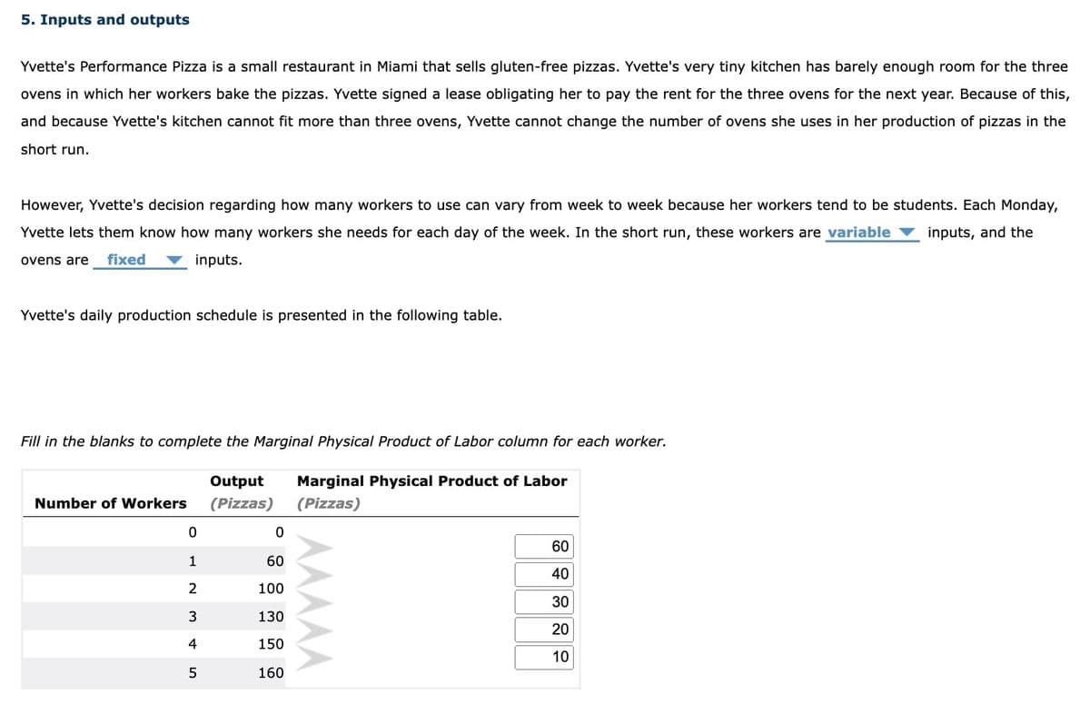5. Inputs and outputs
Yvette's Performance Pizza is a small restaurant in Miami that sells gluten-free pizzas. Yvette's very tiny kitchen has barely enough room for the three
ovens in which her workers bake the pizzas. Yvette signed a lease obligating her to pay the rent for the three ovens for the next year. Because of this,
and because Yvette's kitchen cannot fit more than three ovens, Yvette cannot change the number of ovens she uses in her production of pizzas in the
short run.
However, Yvette's decision regarding how many workers to use can vary from week to week because her workers tend to be students. Each Monday,
Yvette lets them know how many workers she needs for each day of the week. In the short run, these workers are variable inputs, and the
ovens are fixed
inputs.
Yvette's daily production schedule is presented in the following table.
Fill in the blanks to complete the Marginal Physical Product of Labor column for each worker.
Output
(Pizzas)
Marginal Physical Product of Labor
(Pizzas)
Number of Workers
0
1
2
3
4
5
0
60
100
130
150
160
60
40
30
20
10