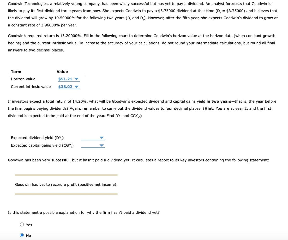 Goodwin Technologies, a relatively young company, has been wildly successful but has yet to pay a dividend. An analyst forecasts that Goodwin is
likely to pay its first dividend three years from now. She expects Goodwin to pay a $3.75000 dividend at that time (D, = $3.75000) and believes that
the dividend will grow by 19.50000% for the following two years (D and D₂). However, after the fifth year, she expects Goodwin's dividend to grow at
a constant rate of 3.96000% per year.
Goodwin's required return is 13.20000%. Fill in the following chart to determine Goodwin's horizon value at the horizon date (when constant growth
begins) and the current intrinsic value. To increase the accuracy of your calculations, do not round your intermediate calculations, but round all final
answers to two decimal places.
Term
Horizon value
Current intrinsic value
Value
If investors expect a total return of 14.20%, what will be Goodwin's expected dividend and capital gains yield in two years-that is, the year before
the firm begins paying dividends? Again, remember to carry out the dividend values to four decimal places. (Hint: You are at year 2, and the first
dividend is expected to be paid at the end of the year. Find DY, and CGY,.)
$51.21
$38.02
Expected dividend yield (DY)
Expected capital gains yield (CGY,)
Goodwin has been very successful, but it hasn't paid a dividend yet. It circulates a report to its key investors containing the following statement:
Goodwin has yet to record a profit (positive net income).
Yes
Is this statement a possible explanation for why the firm hasn't paid a dividend yet?
No