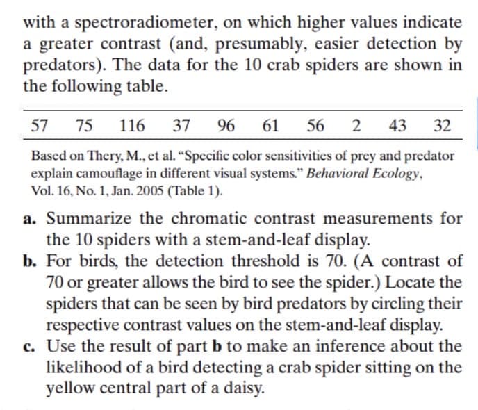 with a spectroradiometer, on which higher values indicate
a greater contrast (and, presumably, easier detection by
predators). The data for the 10 crab spiders are shown in
the following table.
57 75 116 37 96 61 56 2 43 32
Based on Thery, M., et al. "Specific color sensitivities of prey and predator
explain camouflage in different visual systems." Behavioral Ecology,
Vol. 16, No. 1, Jan. 2005 (Table 1).
a. Summarize the chromatic contrast measurements for
the 10 spiders with a stem-and-leaf display.
b. For birds, the detection threshold is 70. (A contrast of
70 or greater allows the bird to see the spider.) Locate the
spiders that can be seen by bird predators by circling their
respective contrast values on the stem-and-leaf display.
c. Use the result of part b to make an inference about the
likelihood of a bird detecting a crab spider sitting on the
yellow central part of a daisy.