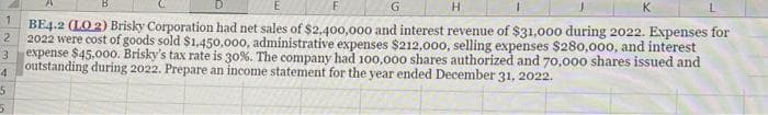 1
2
3
4
5
5
F
G
H
BE4.2 (LO2) Brisky Corporation had net sales of $2,400,000 and interest revenue of $31,000 during 2022. Expenses for
2022 were cost of goods sold $1,450,000, administrative expenses $212,000, selling expenses $280,000, and interest
expense $45,000. Brisky's tax rate is 30%. The company had 100,000 shares authorized and 70,000 shares issued and
outstanding during 2022. Prepare an income statement for the year ended December 31, 2022.