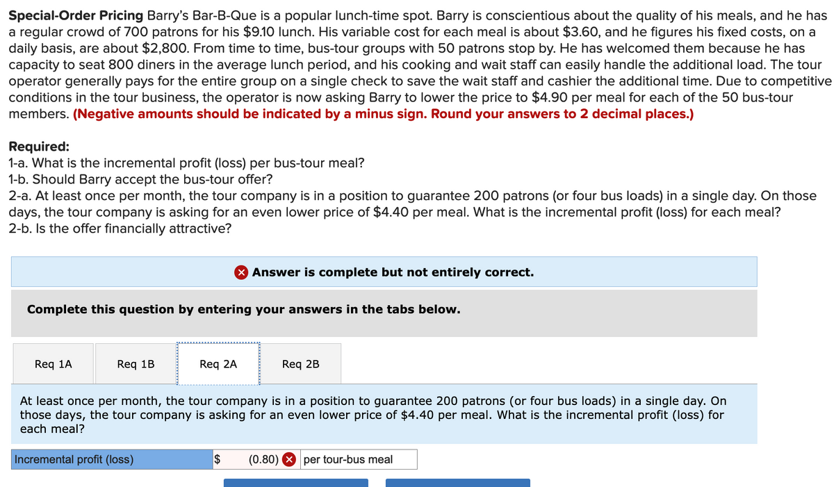 Special-Order Pricing Barry's Bar-B-Que is a popular lunch-time spot. Barry is conscientious about the quality of his meals, and he has
a regular crowd of 700 patrons for his $9.10 lunch. His variable cost for each meal is about $3.60, and he figures his fixed costs, on a
daily basis, are about $2,800. From time to time, bus-tour groups with 50 patrons stop by. He has welcomed them because he has
capacity to seat 800 diners in the average lunch period, and his cooking and wait staff can easily handle the additional load. The tour
operator generally pays for the entire group on a single check to save the wait staff and cashier the additional time. Due to competitive
conditions in the tour business, the operator is now asking Barry to lower the price to $4.90 per meal for each of the 50 bus-tour
members. (Negative amounts should be indicated by a minus sign. Round your answers to 2 decimal places.)
Required:
1-a. What is the incremental profit (loss) per bus-tour meal?
1-b. Should Barry accept the bus-tour offer?
2-a. At least once per month, the tour company is in a position to guarantee 200 patrons (or four bus loads) in a single day. On those
days, the tour company is asking for an even lower price of $4.40 per meal. What is the incremental profit (loss) for each meal?
2-b. Is the offer financially attractive?
Complete this question by entering your answers in the tabs below.
Req 1A
Req 1B
X Answer is complete but not entirely correct.
Incremental profit (loss)
Req 2A
Req 2B
At least once per month, the tour company is in a position to guarantee 200 patrons (or four bus loads) in a single day. On
those days, the tour company is asking for an even lower price of $4.40 per meal. What is the incremental profit (loss) for
each meal?
$ (0.80) per tour-bus meal