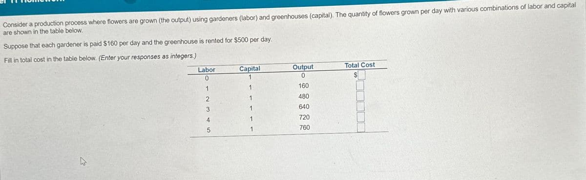 Consider a production process where flowers are grown (the output) using gardeners (labor) and greenhouses (capital). The quantity of flowers grown per day with various combinations of labor and capital
are shown in the table below.
Suppose that each gardener is paid $160 per day and the greenhouse is rented for $500 per day.
Fill in total cost in the table below. (Enter your responses as integers.)
Labor
0
1
2
3
4
5
Capital
1
1
1
1
1
Output
0
160
480
640
720
760
Total Cost
$