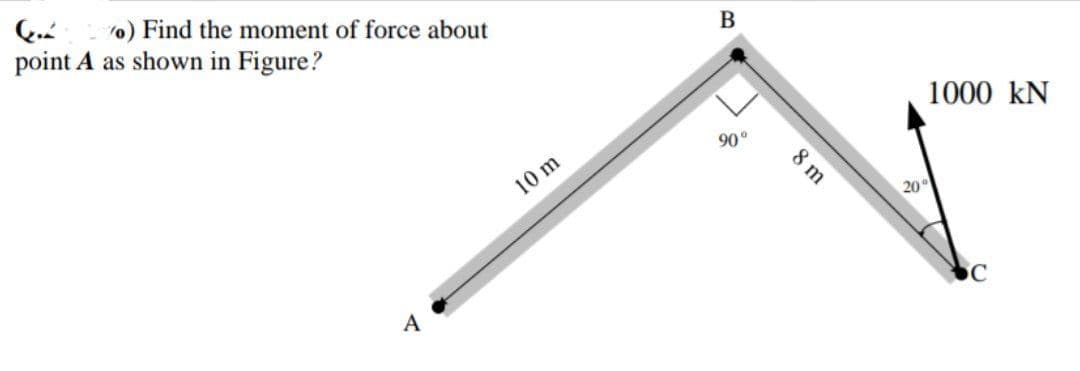 4.2 2%) Find the moment of force about
point A as shown in Figure?
A
10 m
B
90°
8 m
1000 KN
20°
C