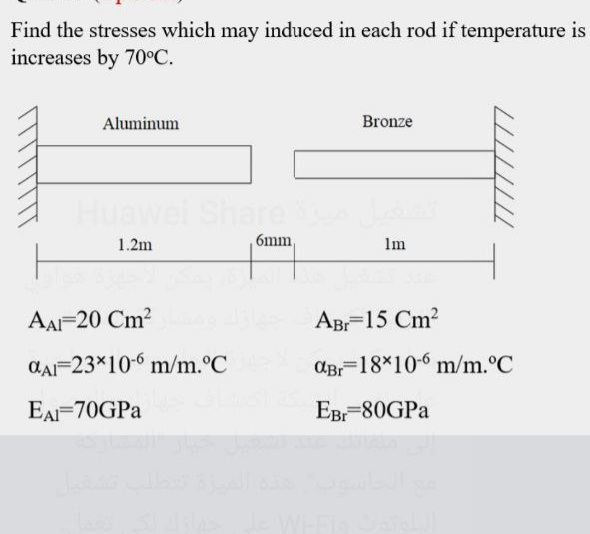 Find the stresses which may induced in each rod if temperature is
increases by 70°C.
Aluminum
Bronze
are
1.2m
6mm,
Im
AA-20 Cm?
Ав 15 Сm?
CAI-23*10-6 m/m.°C
AB-18*10-6 m/m.°C
EAI-70GPA
Ев -80GPa
WHE
