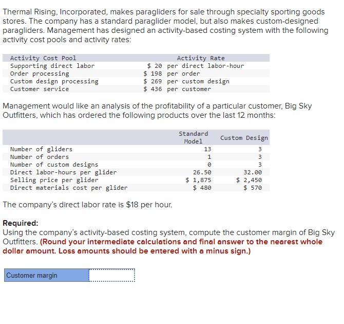 Thermal Rising, Incorporated, makes paragliders for sale through specialty sporting goods
stores. The company has a standard paraglider model, but also makes custom-designed
paragliders. Management has designed an activity-based costing system with the following
activity cost pools and activity rates:
Activity Cost Pool
Supporting direct labor
Order processing
Custom design processing
Customer service
Management would like an analysis of the profitability of a particular customer, Big Sky
Outfitters, which has ordered the following products over the last 12 months:
Number of gliders
Number of orders
Number of custom designs
Direct labor-hours per glider
Activity Rate
$20 per direct labor-hour
$ 198 per order.
$ 269 per custom design
$ 436 per customer
Selling price per glider
Direct materials cost per glider
The company's direct labor rate is $18 per hour.
Customer margin
Standard
Model
13
1
0
26.50
$ 1,875
$ 480
Custom Design
3
ww
3
3
32.00
$ 2,450
$ 570
Required:
Using the company's activity-based costing system, compute the customer margin of Big Sky
Outfitters. (Round your intermediate calculations and final answer to the nearest whole
dollar amount. Loss amounts should be entered with a minus sign.)