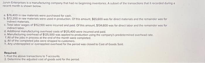 Jurvin Enterprises is a manufacturing company that had no beginning inventories. A subset of the transactions that it recorded during a
recent month is shown below.
a. $76,400 in raw materials were purchased for cash.
b. $72,200 in raw materials were used in production. Of this amount, $65,600 was for direct materials and the remainder was for
indirect materials.
c. Total labor wages of $152,100 were incurred and paid. Of this amount, $134,600 was for direct labor and the remainder was for
indirect labor.
d. Additional manufacturing overhead costs of $125,400 were incurred and paid.
e. Manufacturing overhead of $125,500 was applied to production using the company's predetermined overhead rate.
f. All of the jobs in process at the end of the month were completed.
g. All of the completed jobs were shipped to customers.
h. Any underapplied or overapplied overhead for the period was closed to Cost of Goods Sold.
Required:
1. Post the above transactions to T-accounts.
2. Determine the adjusted cost of goods sold for the period.