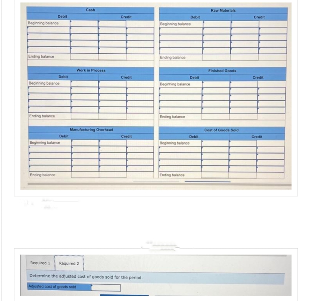 Beginning balance
Ending balance
Debit
Ending balance
Beginning balance
Debit
Ending balance
Debit
Beginning balance
Cash
Work in Process
Manufacturing Overhead
Required 1 Required 2
Credit
Credit
Determine the adjusted cost of goods sold for the period.
Adjusted cost of goods sold
Beginning balance
Ending balance
Begirtning balance
Ending balance
Debit
Debit
Ending balance
Beginning balance
Deb
Raw Materials
Finished Goods
Cost of Goods Sold
Credit
Credit
Credit