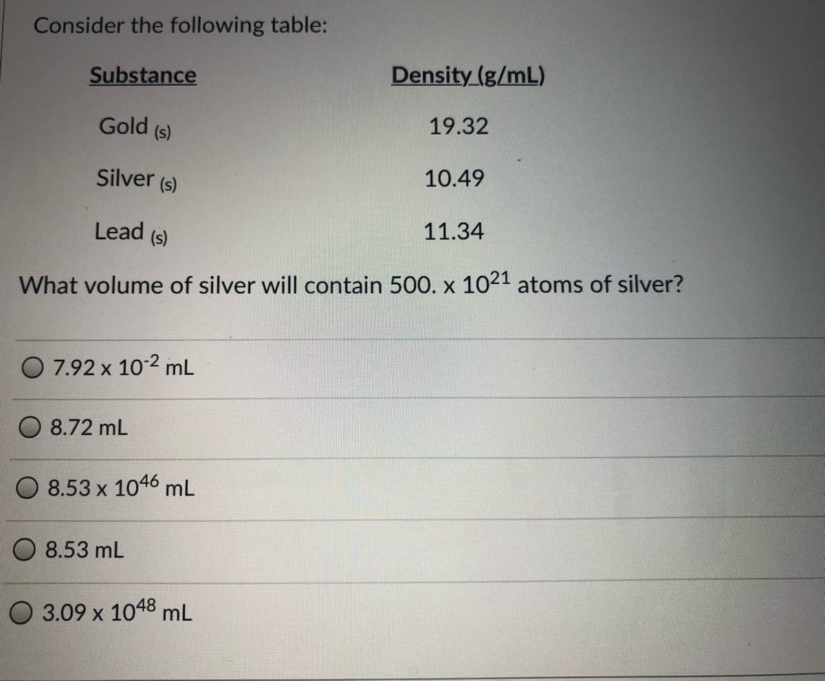 Consider the following table:
Substance
Density (g/mL)
Gold
(s)
19.32
Silver (s)
10.49
Lead (s)
11.34
What volume of silver will contain 500. x 1021 atoms of silver?
7.92 x 102 mL
8.72 mL
8.53 x 1046 mL
8.53 mL
O 3.09 x 1048 mL
