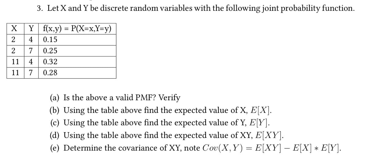 3. Let X and Y be discrete random variables with the following joint probability function.
X
Y f(x,y) = P(X=x,Y=y)
2
4
0.15
2
7
0.25
11 4 0.32
7
0.28
E
11
(a) Is the above a valid PMF? Verify
(b) Using the table above find the expected value of X, E[X].
(c) Using the table above find the expected value of Y, E[Y].
(d) Using the table above find the expected value of XY, E[XY].
(e) Determine the covariance of XY, note Cov(X,Y) = E[XY] − E[X] * E[Y].