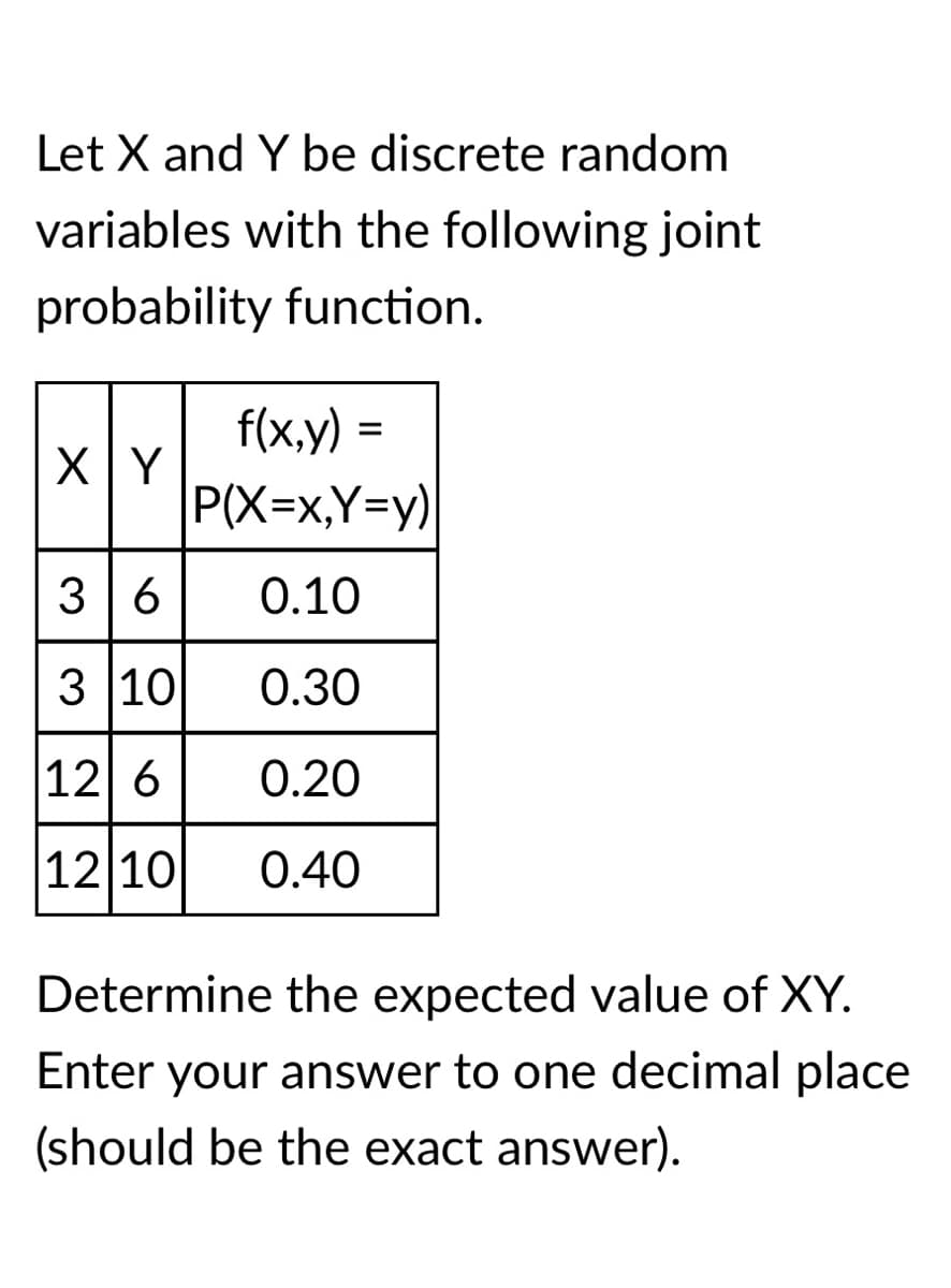 Let X and Y be discrete random
variables with the following joint
probability function.
f(x,y) =
XY
P(X=x,Y=y)
3 6
0.10
3 10
0.30
12 6
0.20
12 10
0.40
Determine the expected value of XY.
Enter your answer to one decimal place
(should be the exact answer).
