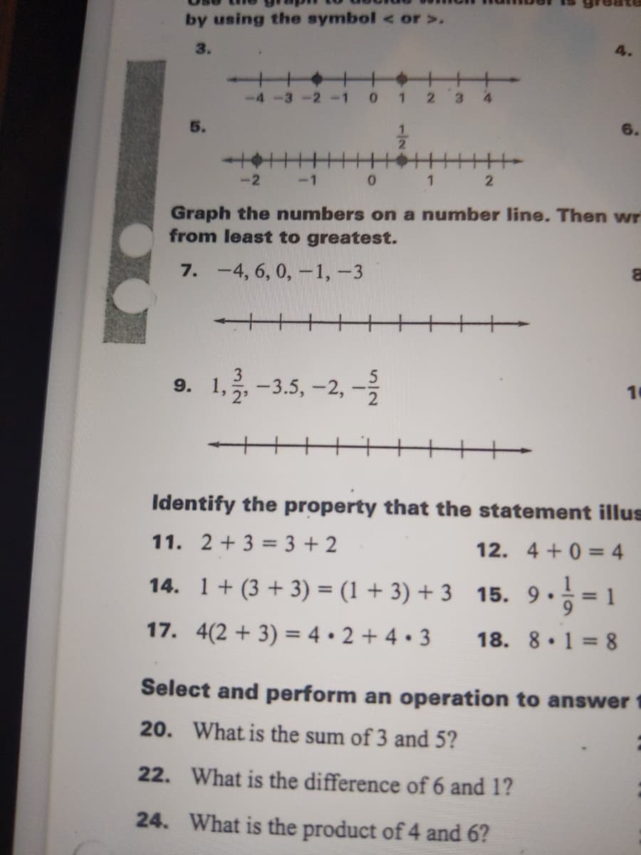 by using the symbol < or >.
3.
4.
-4-3-2-1
21
3.
4
5.
-2
-1
2
Graph the numbers on a number line. Then wr
from least to greatest.
7. -4, 6, 0,-1,-3
十+
9. 1,, -3.5, -2,
16
++-
++++
Identify the property that the statement illus
11. 2 +3 = 3 + 2
12. 4 +0 = 4
14. 1+ (3 + 3) = (1 + 3) + 3 15. 9• = 1
%3D
17. 4(2 + 3) = 4• 2+ 4 • 3
18. 8 1 8
Select and perform an operation to answer 1
20. What is the sum of 3 and 5?
22. What is the difference of 6 and 1?
24. What is the product of 4 and 6?
