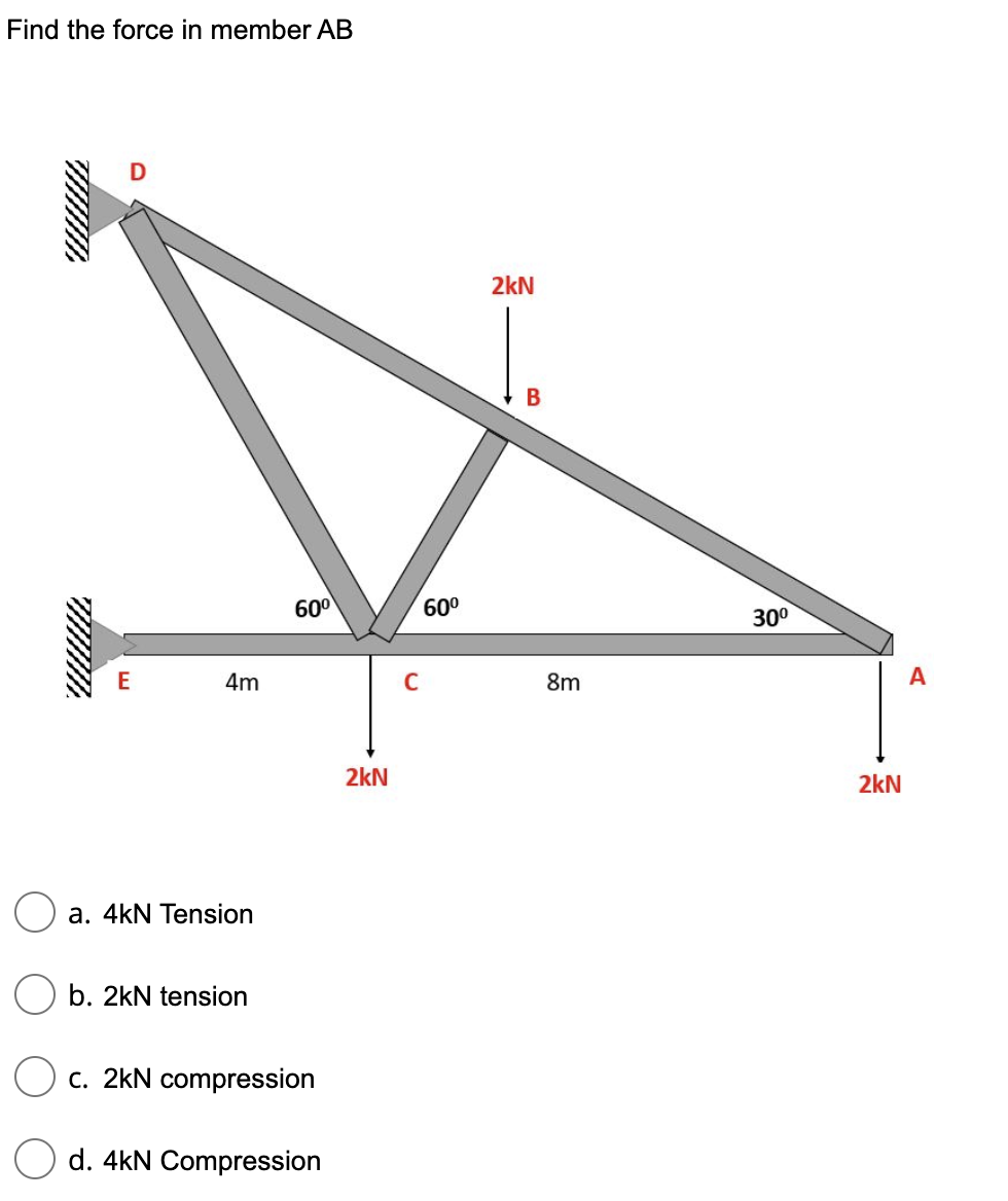 Find the force in member AB
E
4m
a. 4kN Tension
b. 2kN tension
60⁰
c. 2kN compression
d. 4kN Compression
2kN
60⁰
2kN
B
8m
30⁰
2kN
A