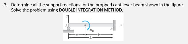 3. Determine all the support reactions for the propped cantilever beam shown in the figure.
Solve the problem using DOUBLE INTEGRATION METHOD.
B
Mo
L