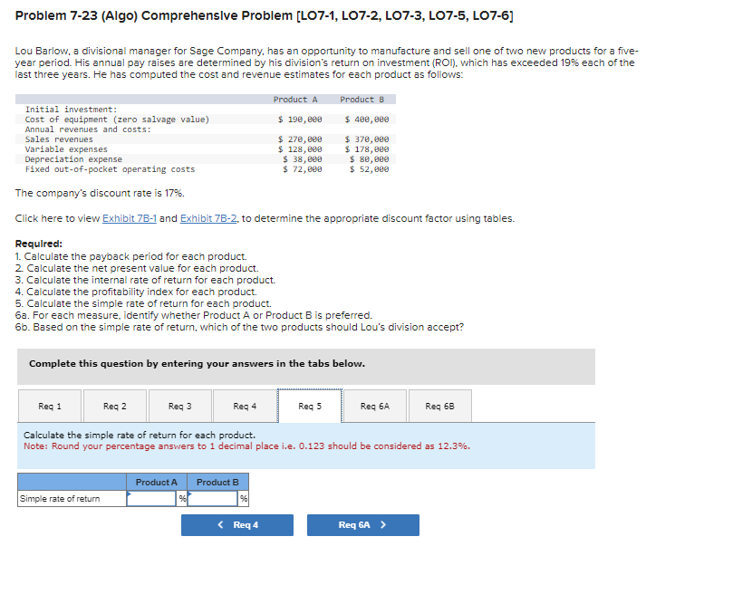 Problem 7-23 (Algo) Comprehensive Problem [LO7-1, L07-2, L07-3, LO7-5, LO7-6]
Lou Barlow, a divisional manager for Sage Company, has an opportunity to manufacture and sell one of two new products for a five-
year period. His annual pay raises are determined by his division's return on investment (ROI), which has exceeded 19% each of the
last three years. He has computed the cost and revenue estimates for each product as follows:
Initial investment:
Cost of equipment (zero salvage value)
Annual revenues and costs:
Sales revenues
Variable expenses
Depreciation expense
Fixed out-of-pocket operating costs
The company's discount rate is 17%.
Click here to view Exhibit 7B-1 and Exhibit 7B-2, to determine the appropriate discount factor using tables.
Required:
1. Calculate the payback period for each product.
2. Calculate the net present value for each product.
3. Calculate the internal rate of return for each product.
4. Calculate the profitability index for each product.
5. Calculate the simple rate of return for each product.
Req 1
Req 2
Simple rate of return
Req 3
Product A
6a. For each measure, identify whether Product A or Product B is preferred.
6b. Based on the simple rate of return, which of the two products should Lou's division accept?
Complete this question by entering your answers in the tabs below.
Req 4
Product A
$ 190,000
$ 270,000
$ 128,000
Product B
$ 38,000
$ 72,000
< Req 4
Product B
$ 400,000
$ 370,000
$ 178,000
Req 5
$ 80,000
$ 52,000
Calculate the simple rate of return for each product.
Note: Round your percentage answers to 1 decimal place i.e. 0.123 should be considered as 12.3%.
Req 6A
Reg 6B
Req GA >