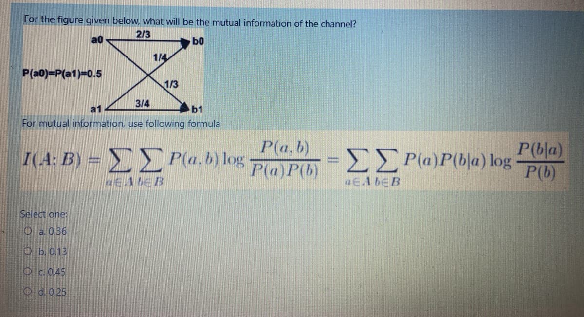 For the figure given below, what will be the mutual information of the channel?
2/3
a0
b0
1/4
P(a0)=P(a1)-0.5
1/3
3/4
a1
b1
For mutual information, use following formula
P(a, b)
3EPla.b)loS Pla)P(b)
ΣΣΡΟ) Pba) log
P(bla)
P(b)
I(A; B)
EA4EB
Select one:
O a. 0.36
O b. 0.13
Oc0.45
O d. 0.25
