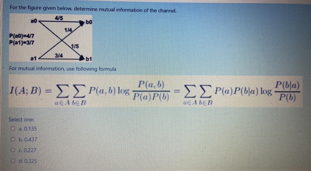 For the figure given below, determine mutual information of the channel.
4/5
a0
b0
1/4
P(a0)-4/7
P(a1)-3/7
1/5
3/4
a1
b1
For mutual information, use following formula
P(b|a)
I(A; B) = E P(a,b) log
P(a. b)
P(a)P(b)
ΣΣΡ0) Ρίϋ)α) log
P(b)
aEA bE B
a€A bEB
one:
O a. 0.135
O b. 0.437
O c 0.227
O d. 0.325
