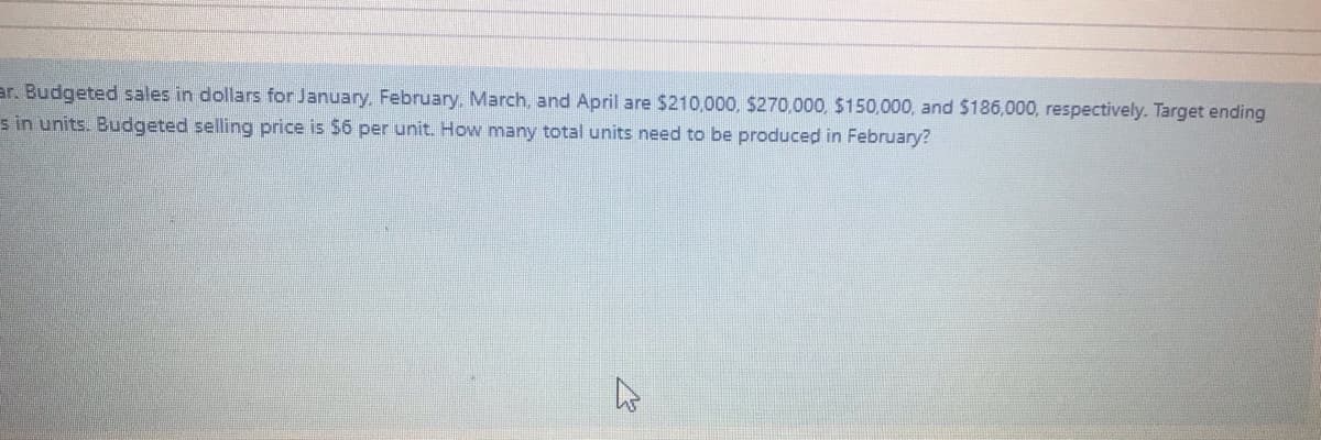 ar. Budgeted sales in dollars for January, February, March, and April are $210,000, $270.000, $150,000, and $186,000, respectively. Target ending
s in units. Budgeted selling price is 56 per unit. How many total units need to be produced in February?
