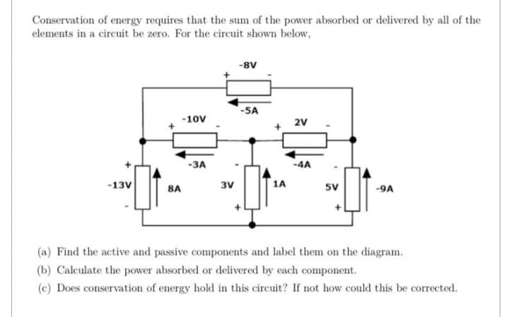 Conservation of energy requires that the sum of the power absorbed or delivered by all of the
elements in a circuit be zero. For the circuit shown below,
-13V
8A
-10V
-3A
3V
-8V
-5A
1A
2V
-4A
5V
-9A
(a) Find the active and passive components and label them on the diagram.
(b) Calculate the power absorbed or delivered by each component.
(c) Does conservation of energy hold in this circuit? If not how could this be corrected.