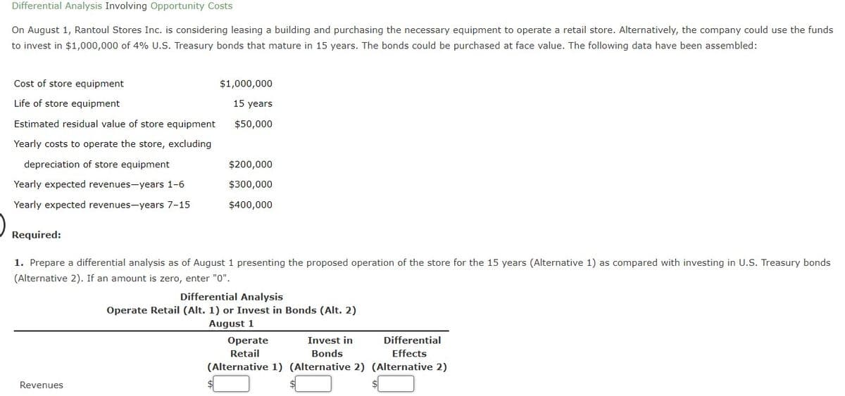 Differential Analysis Involving Opportunity Costs
On August 1, Rantoul Stores Inc. is considering leasing a building and purchasing the necessary equipment to operate a retail store. Alternatively, the company could use the funds
to invest in $1,000,000 of 4% U.S. Treasury bonds that mature in 15 years. The bonds could be purchased at face value. The following data have been assembled:
Cost of store equipment
$1,000,000
Life of store equipment
15 years
Estimated residual value of store equipment
$50,000
Yearly costs to operate the store, excluding
depreciation of store equipment
$200,000
Yearly expected revenues-years 1-6
$300,000
Yearly expected revenues-years 7-15
$400,000
Required:
1. Prepare a differential analysis as of August 1 presenting the proposed operation of the store for the 15 years (Alternative 1) as compared with investing in U.S. Treasury bonds
(Alternative 2). If an amount is zero, enter "0".
Differential Analysis
Operate Retail (Alt. 1) or Invest in Bonds (Alt. 2)
August 1
Operate
Invest in
Differential
Retail
Bonds
Effects
(Alternative 1) (Alternative 2) (Alternative 2)
Revenues
