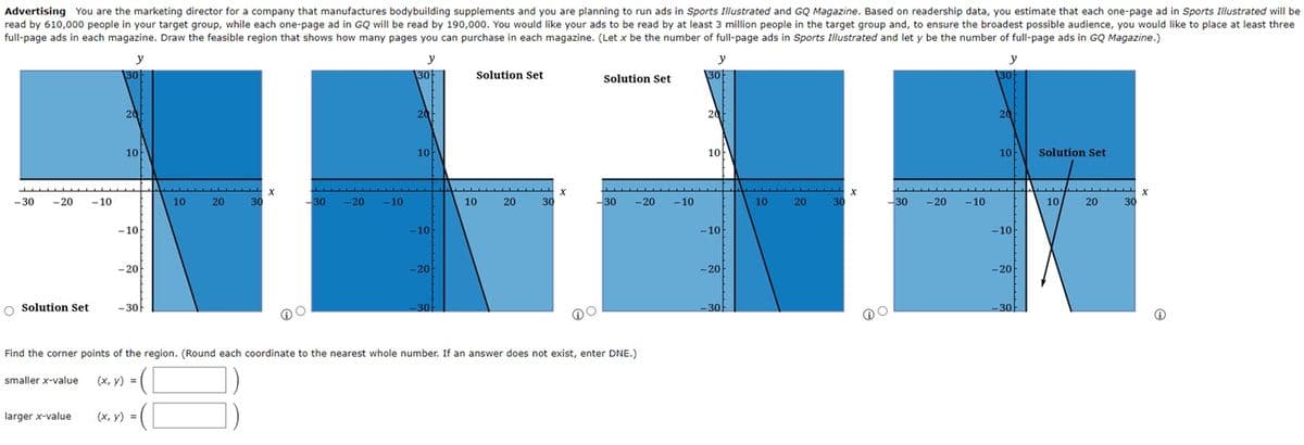 Advertising You are the marketing director for a company that manufactures bodybuilding supplements and you are planning to run ads in Sports Illustrated and GQ Magazine. Based on readership data, you estimate that each one-page ad in Sports Illustrated will be
read by 610,000 people in your target group, while each one-page ad in GQ will be read by 190,000. You would like your ads to be read by at least 3 million people in the target group and, to ensure the broadest possible audience, you would like to place at least three
full-page ads in each magazine. Draw the feasible region that shows how many pages you can purchase in each magazine. (Let x be the number of full-page ads in Sports Illustrated and let y be the number of full-page ads in GQ Magazine.)
-30 -20 -10
O Solution Set
smaller x-value
y
larger x-value
30
20
10
-10
-20
-30
(x, y) =
10
(x, y) =
20
30
X
-30
- 20
-10
y
30
20
10
-10
-20
Solution Set
-30
10
Find the corner points of the region. (Round each coordinate to the nearest whole number. If an answer does not exist, enter DNE.)
= (
20
30
X
Solution Set
-30
-20
-10
y
30F
20
10
-10
-20
-30
10
20
30
X
......
-30 -20 -10
O
y
130
20
10
-10k
-20
30
Solution Set
10
▬▬▬▬▬▬▬▬▬▬▬▬▬▬▬▬▬▬▬▬▬▬▬▬
20
30
X