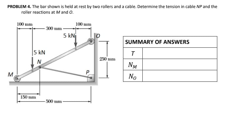 PROBLEM 4. The bar shown is held at rest by two rollers and a cable. Determine the tension in cable NP and the
roller reactions at M and O.
100 mm
100 mm
- 300 mm
5 kN
SUMMARY OF ANSWERS
5 kN
250 mm
N
NM
P.
M
No
150 mm
500 mm
