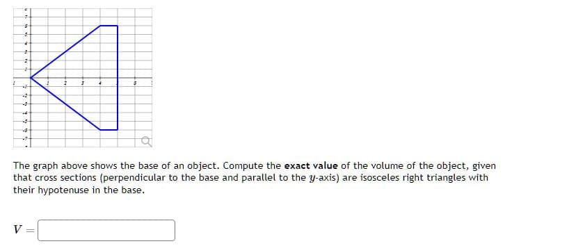 。
S
5
4
3
2
+
-2
V
-4
4
1
2
6
The graph above shows the base of an object. Compute the exact value of the volume of the object, given
that cross sections (perpendicular to the base and parallel to the y-axis) are isosceles right triangles with
their hypotenuse in the base.