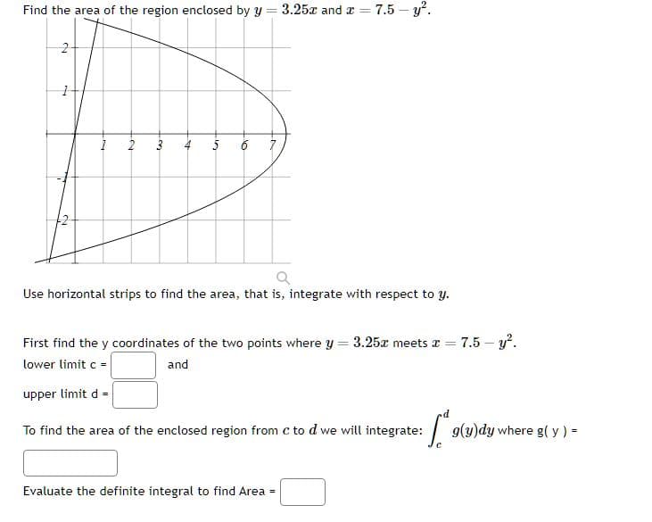 Find the area of the region enclosed by y = 3.25x and
2
1
N
N
2
w
A
HO
60
= 7.5-y².
=
Use horizontal strips to find the area, that is, integrate with respect to y.
First find the y coordinates of the two points where y = 3.25x meets x = 7.5-y².
and
lower limit c =
upper limit d =
Evaluate the definite integral to find Area =
To find the area of the enclosed region from c to d we will integrate:
["9(u)dy where g( y ) =