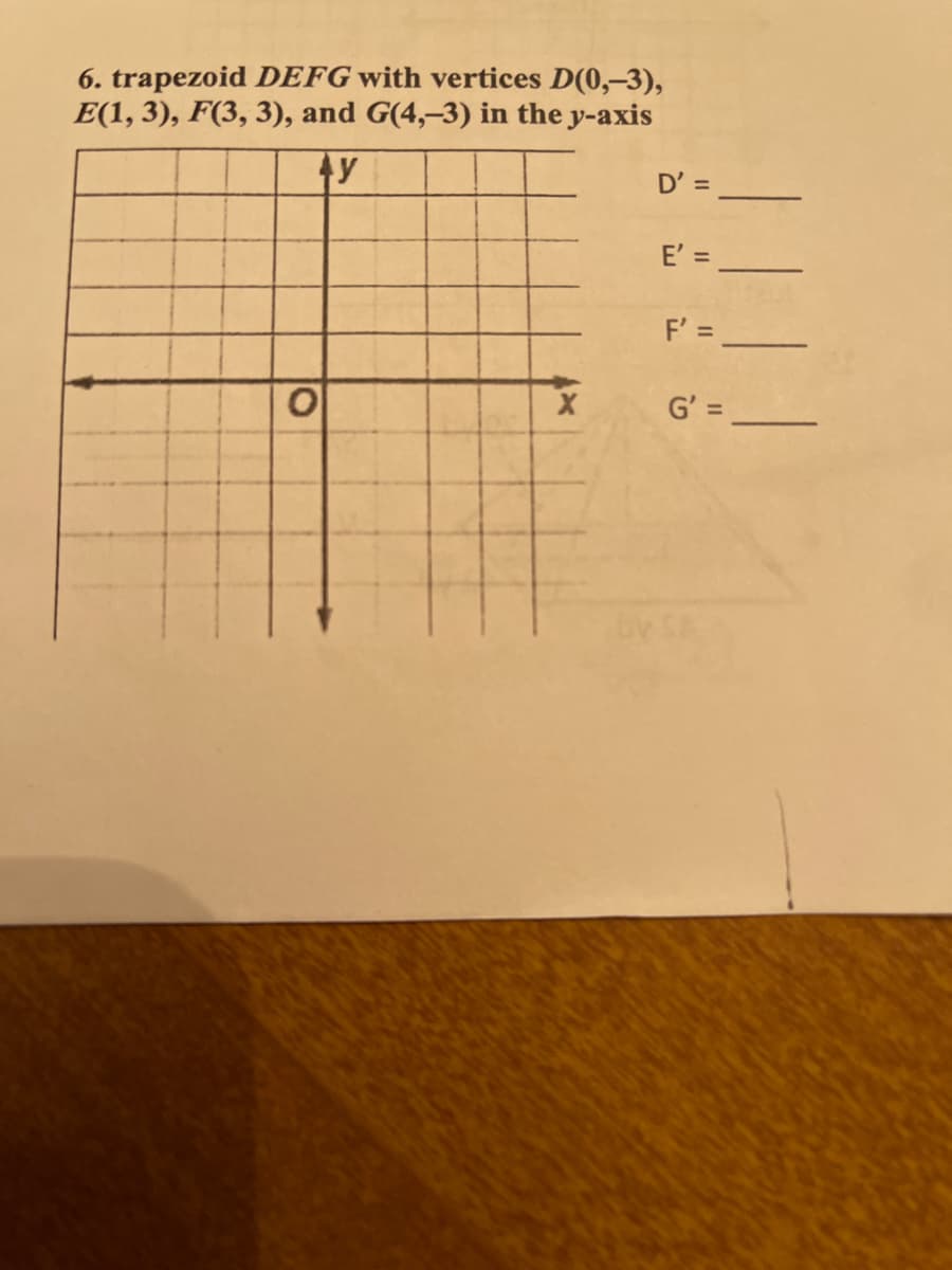 6. trapezoid DEFG with vertices D(0,–3),
E(1, 3), F(3, 3), and G(4,–3) in the y-axis
D' =
E' =
F' =
G' =
