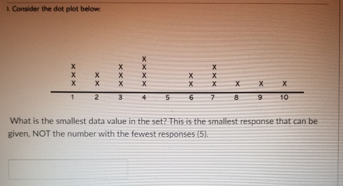 ). Consider the dot plot below:
X
X
1
2
X
X
3
4
5
6
7
8
X X
9
What is the smallest data value in the set? This is the smallest response that can be
given, NOT the number with the fewest responses (5).