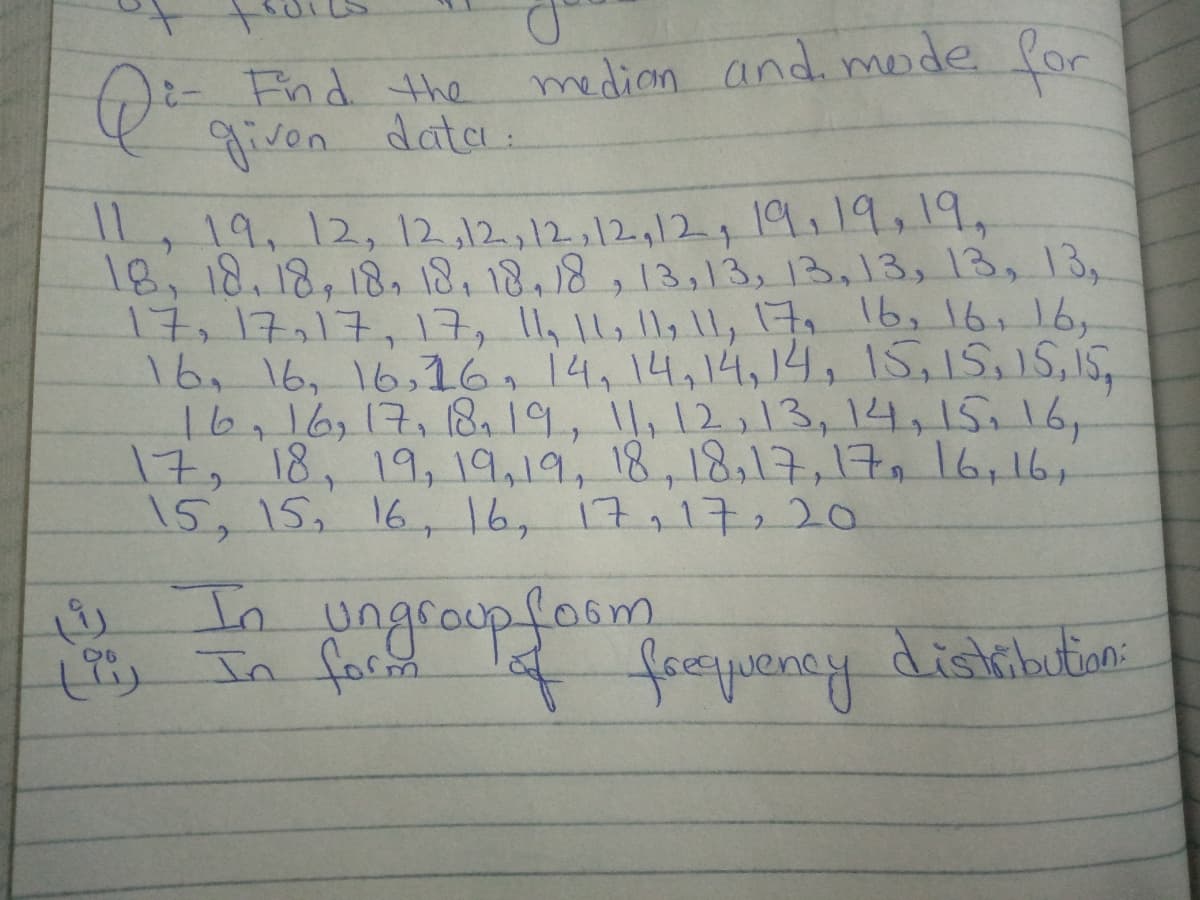 W:- Fnd the
data:
medion and mode for
given
I, 19, 12, 12,12,12,12,12,19.19,19,
18,18.18,18, 18,18.18,13,13, 13,13, 13, 13,
17,17,17, 17, 11,11,11, 1l, 17, 16,16, 16,
16, 16, 16,16, 14, 14,14,14, 15,15,15,15,
16,16,17,8,19, 11, 12,13,14,15.16,
17, 18, 19, 19,19, 18,18,17,17, 16,16,
15, 15, 16, 16, 17,17,20
11
In ungroupfasm
) In for
y In facd foepueney discibetion
