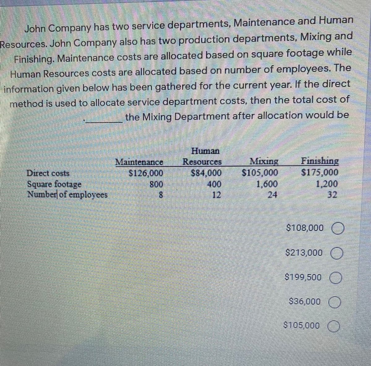 John Company has two service departments, Maintenance and Human
Resources. John Company also has two production departments, Mixing and
Finishing. Maintenance costs are allocated based on square footage while
Human Resources costs are allocated based on number of employees. The
information given below has been gathered for the current year. If the direct
method is used to allocate service department costs, then the total cost of
the Mixing Department after allocation would be
Human
Resources
Maintenance
$126,000
800
8.
Mixing
S105,000
1,600
24
Finishing
$175,000
1,200
32
Direct costs
$84,000
Square footage
Number of employees
400
12
$108,000 O
$213,000 O
$199,500 O
$36,000
$105,000
