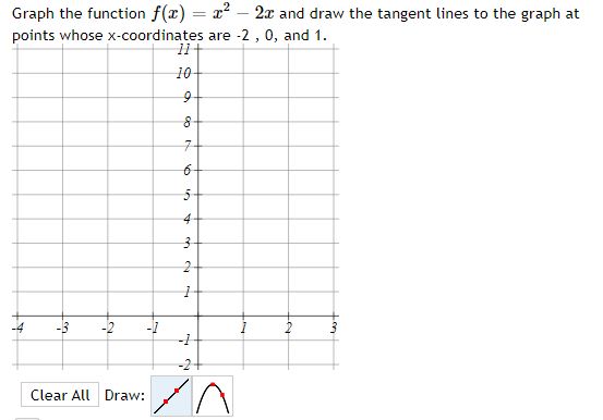 Graph the function f(x) = x² – 2x and draw the tangent lines to the graph at
points whose x-coordinates are -2 , 0, and 1.
11+
10
7-
6-
5-
4
-2
-1
-2+
Clear All Draw:
Lon
on
2.
