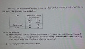 A total of 2200 respondents from two cities were asked which of the two brands of soft drinks
they prefer. The data is summatized below.
City
Number of People
Who Prefers
Coca
Pink
Cola
Soda
Tuguegarao
55
45
Davao
44
60
Answer the following
a. is there a significant relationship between the place of residence and softdrink preferences?
(Show all the steps and computations in hypothesis testing. Use the traditional method, using
test- statistic and critical value (not p-values), in answering.)
b.) How will you interpret the relationship?
