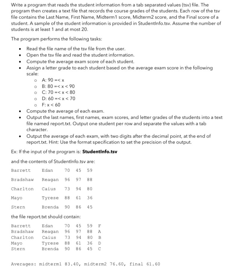 Write a program that reads the student information from a tab separated values (tsv) file. The
program then creates a text file that records the course grades of the students. Each row of the tsv
file contains the Last Name, First Name, Midterm1 score, Midterm2 score, and the Final score of a
student. A sample of the student information is provided in Studentlnfo.tsv. Assume the number of
students is at least 1 and at most 20.
The program performs the following tasks:
Read the file name of the tsv file from the user.
• Open the tsv file and read the student information.
• Compute the average exam score of each student.
• Assign a letter grade to each student based on the average exam score in the following
scale:
o A: 90 =< x
o B: 80 =< x < 90
o C: 70 =< x < 80
o D: 60 =< x < 70
o F:x< 60
Compute the average of each exam.
• Output the last names, first names, exam scores, and letter grades of the students into a text
file named report.txt. Output one student per row and separate the values with a tab
character.
• Output the average of each exam, with two digits after the decimal point, at the end of
report.txt. Hint: Use the format specification to set the precision of the output.
Ex: If the input of the program is: Studentinfo.tsv
and the contents of Studentlnfo.tsv are:
Barrett
Edan
70 45 59
Bradshaw
Reagan
96
97
88
Charlton
Caius
73
94
80
Mayo
Tyrese 88
61
36
Stern
Brenda 90 86 45
the file report.txt should contain:
Barrett
Edan
70 45 59
F
Bradshaw
Reagan 96 97 88 A
Charlton
Caius
73 94 80 B
Mayo
Tyrese 88 61
36 D
Stern
Brenda 90 86 45
Averages: midterml 83.40, midterm2 76.60, final 61.60
