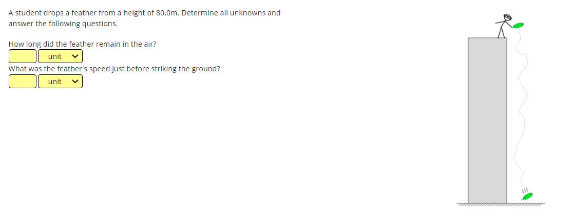 A student drops a feather from a height of 80.0m. Determine all unknowns and
answer the following questions.
How long did the feather remain in the air?
unit
What was the feather's speed just before striking the ground?
unit
