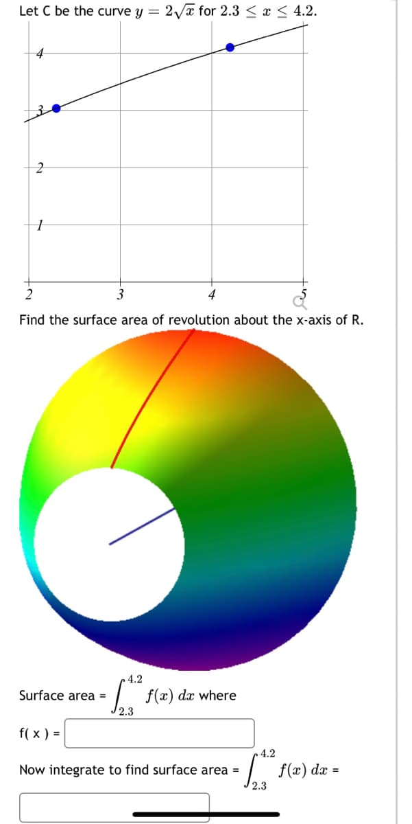 Let C be the curve y =
2/a for 2.3 < x < 4.2.
4
Find the surface area of revolution about the x-axis of R.
4.2
Surface area =
f(x)
dx where
2.3
f( x ) =
4.2
Now integrate to find surface area =
f(x) dx =
2.3
