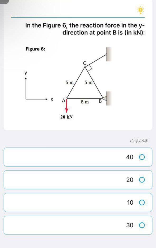 In the Figure 6, the reaction force in the y-
direction at point B is (in kN):
Figure 6:
y
5 m/
5 m
A
20 kN
5 m
10₂
B
الاختيارات
40 O
20 O
10 O
30 O