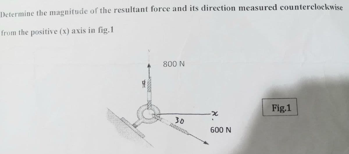 Determine the magnitude of the resultant force and its direction measured counterclockwise
from the positive (x) axis in fig.1
800 N
Fig.1
A
30
-X
600 N